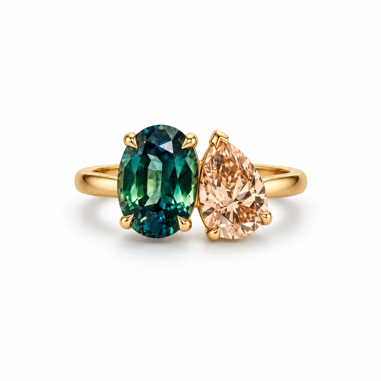 Teal sapphire and champagne diamond ring in yellow gold
